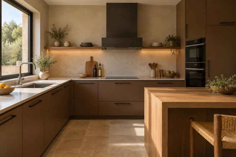 Visualización conceptual IA de cocina: Reformas de Roberto Escudero. Vista del espacio y su mobiliario.